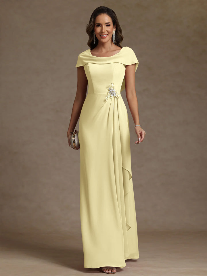 Robe mère de la mariée fourreau mousseline, col drapé, sans manches, longueur sol, strass et volants