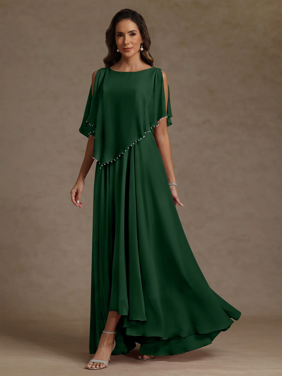Robe mère de la mariée mousseline ligne A, col rond, sans manches, longueur sol, perles et plissé