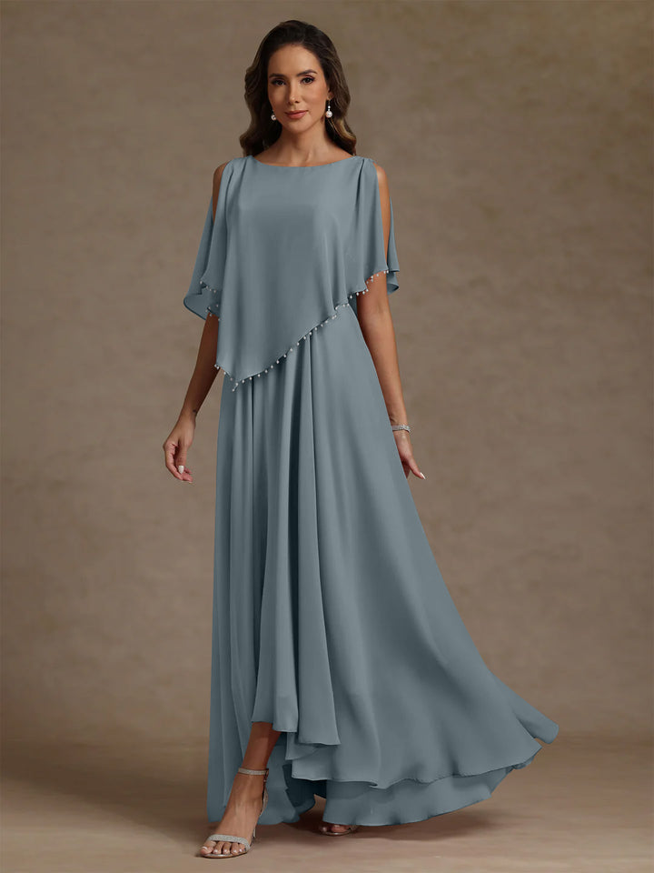 Robe mère de la mariée mousseline ligne A, col rond, sans manches, longueur sol, perles et plissé