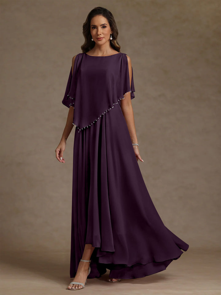 Robe mère de la mariée mousseline ligne A, col rond, sans manches, longueur sol, perles et plissé