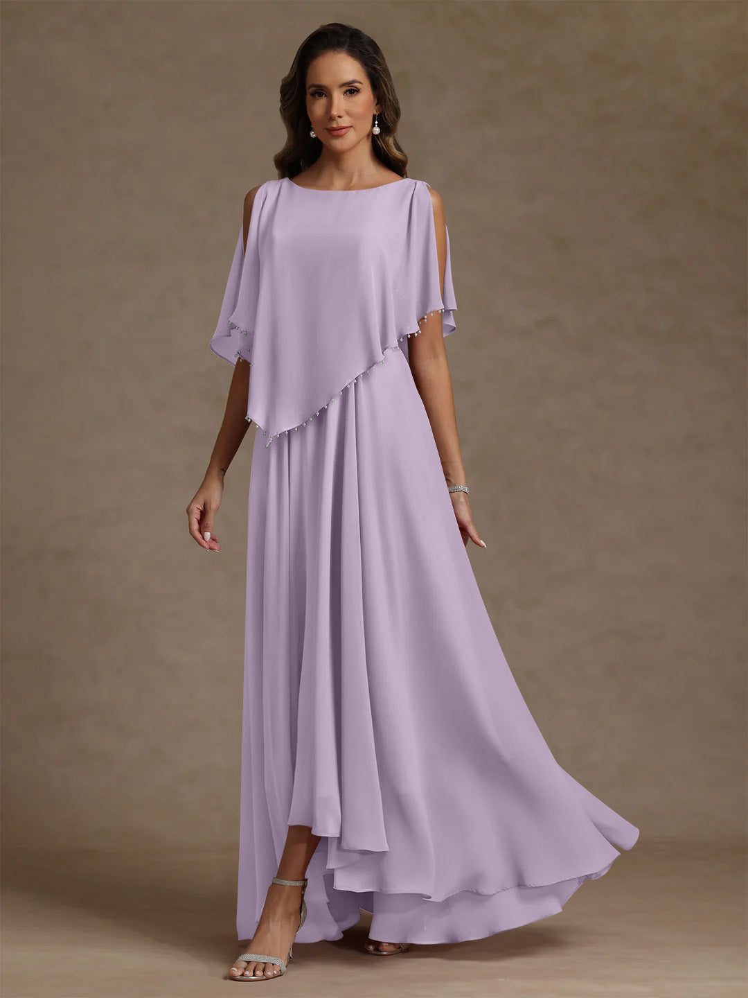 Robe mère de la mariée mousseline ligne A, col rond, sans manches, longueur sol, perles et plissé