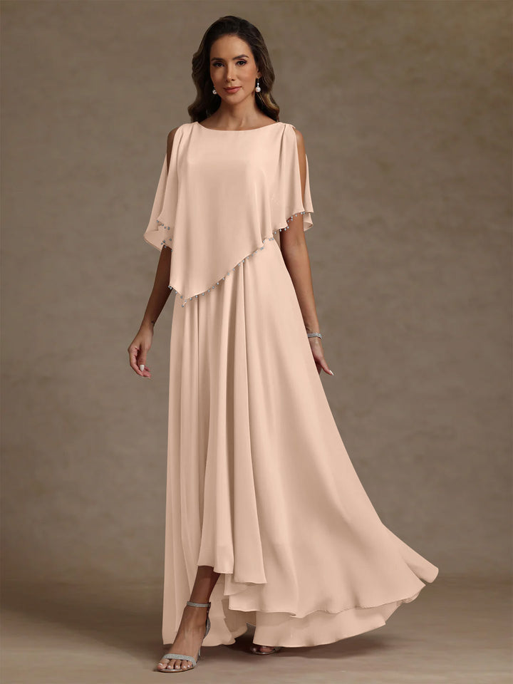 Robe mère de la mariée mousseline ligne A, col rond, sans manches, longueur sol, perles et plissé