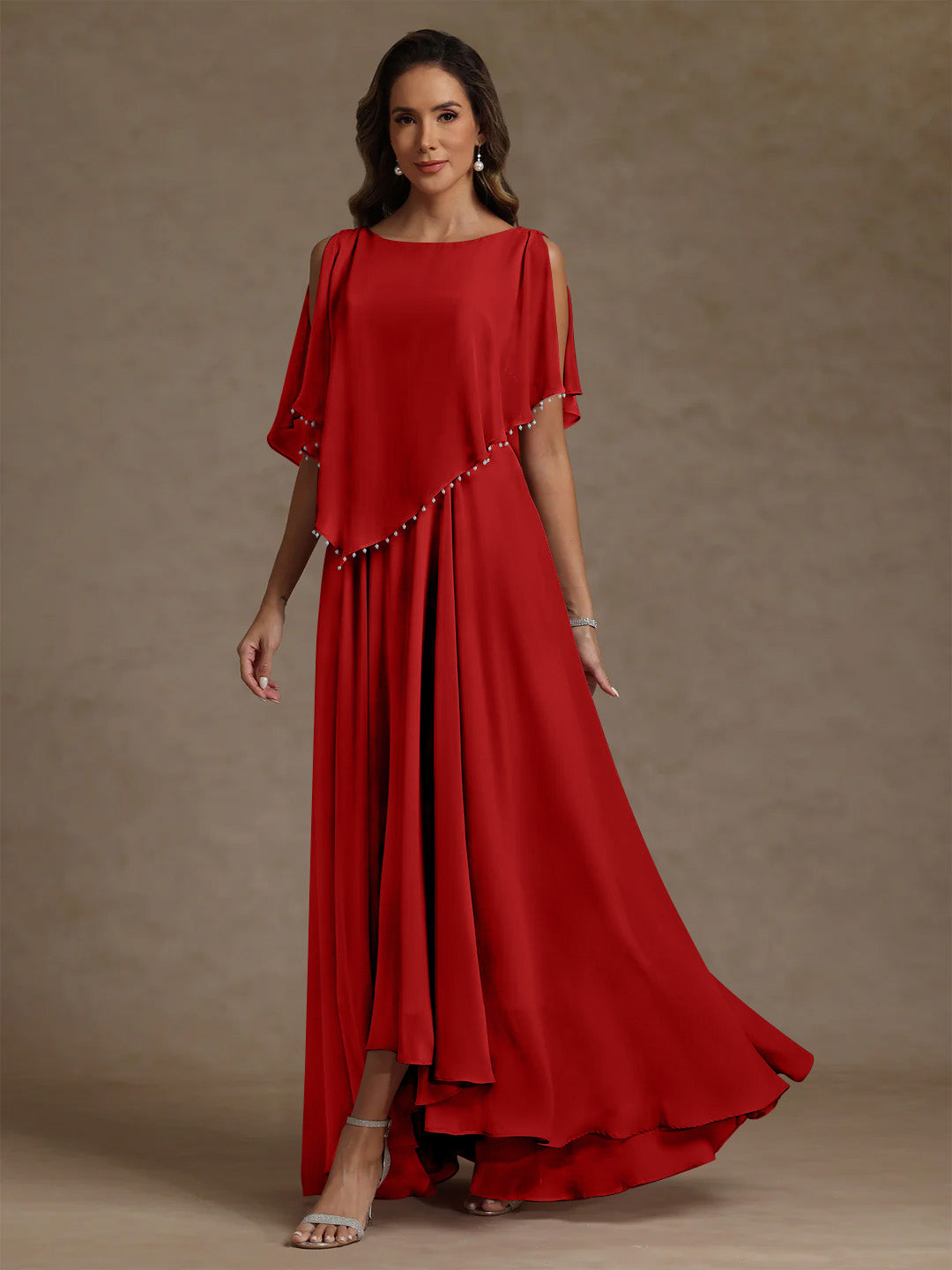 Robe mère de la mariée mousseline ligne A, col rond, sans manches, longueur sol, perles et plissé