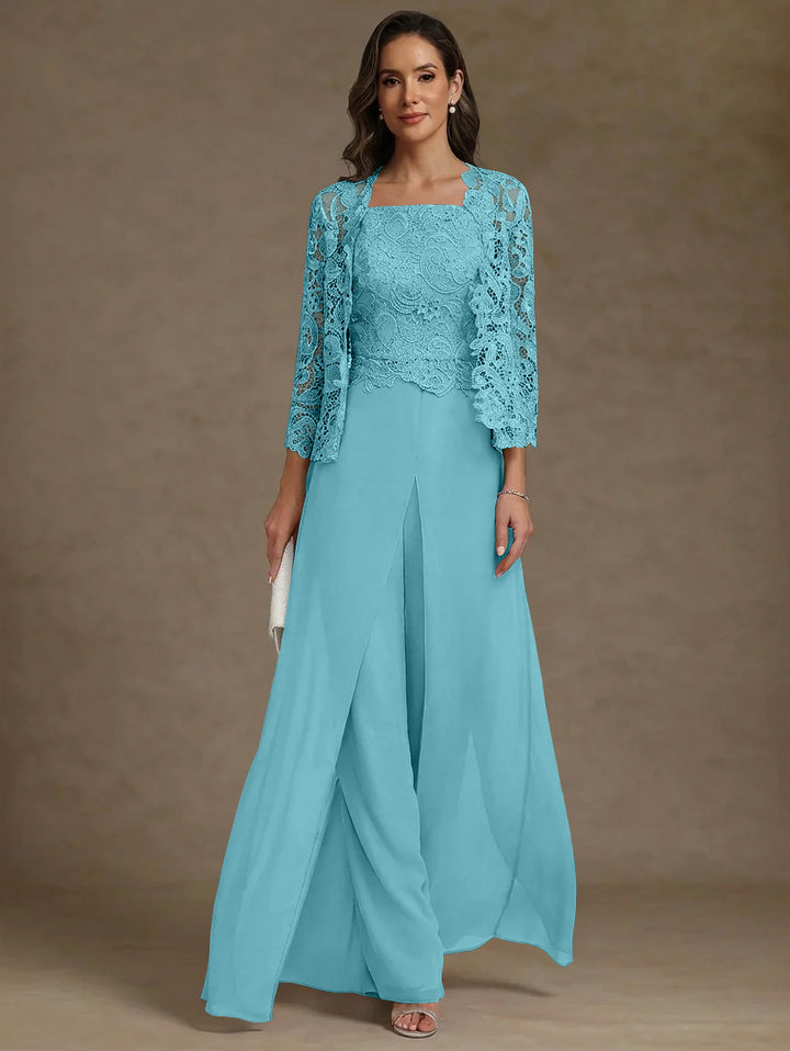 Robe Mère de la Mariée, Ligne A/Princesse, en Mousseline à Col Carré, avec Veste en Dentelle