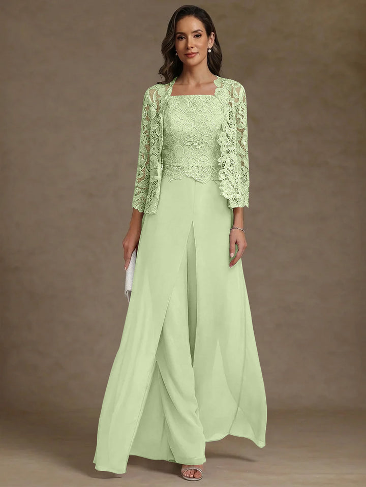 Robe Mère de la Mariée, Ligne A/Princesse, en Mousseline à Col Carré, avec Veste en Dentelle