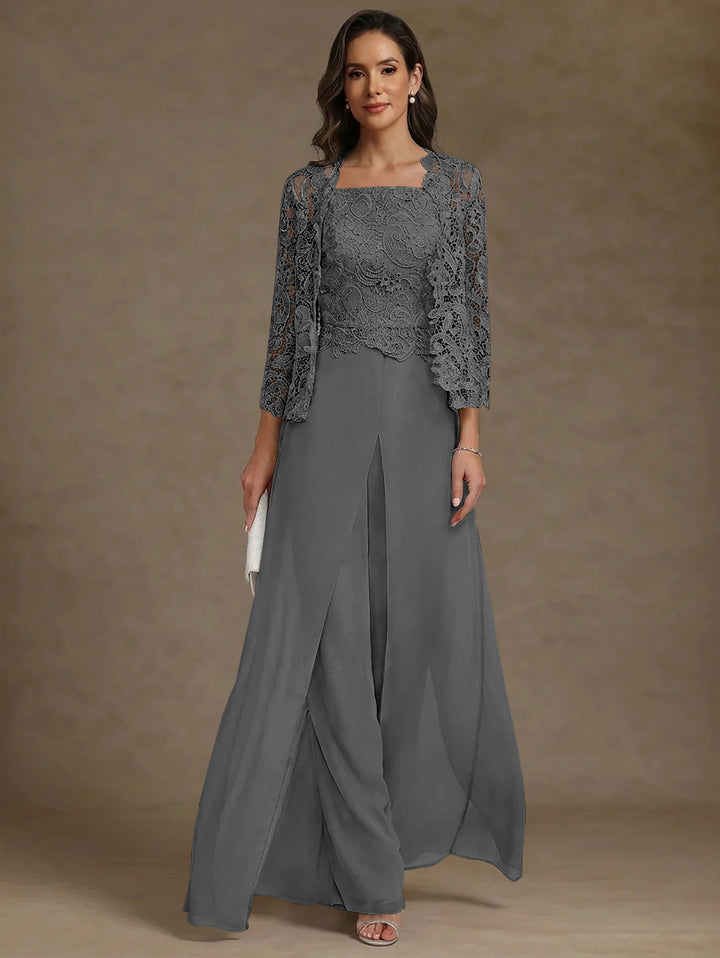 Robe Mère de la Mariée, Ligne A/Princesse, en Mousseline à Col Carré, avec Veste en Dentelle