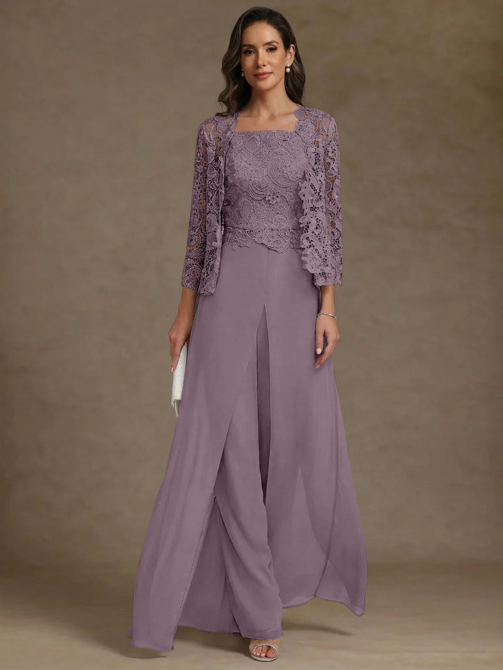 Robe Mère de la Mariée, Ligne A/Princesse, en Mousseline à Col Carré, avec Veste en Dentelle