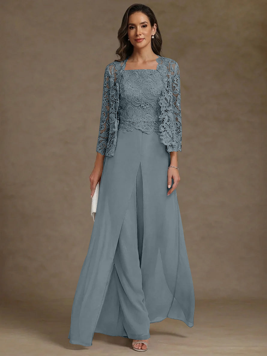 Robe Mère de la Mariée, Ligne A/Princesse, en Mousseline à Col Carré, avec Veste en Dentelle