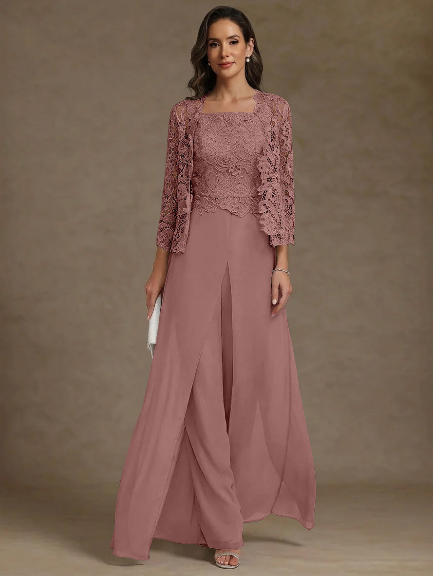 Robe Mère de la Mariée, Ligne A/Princesse, en Mousseline à Col Carré, avec Veste en Dentelle