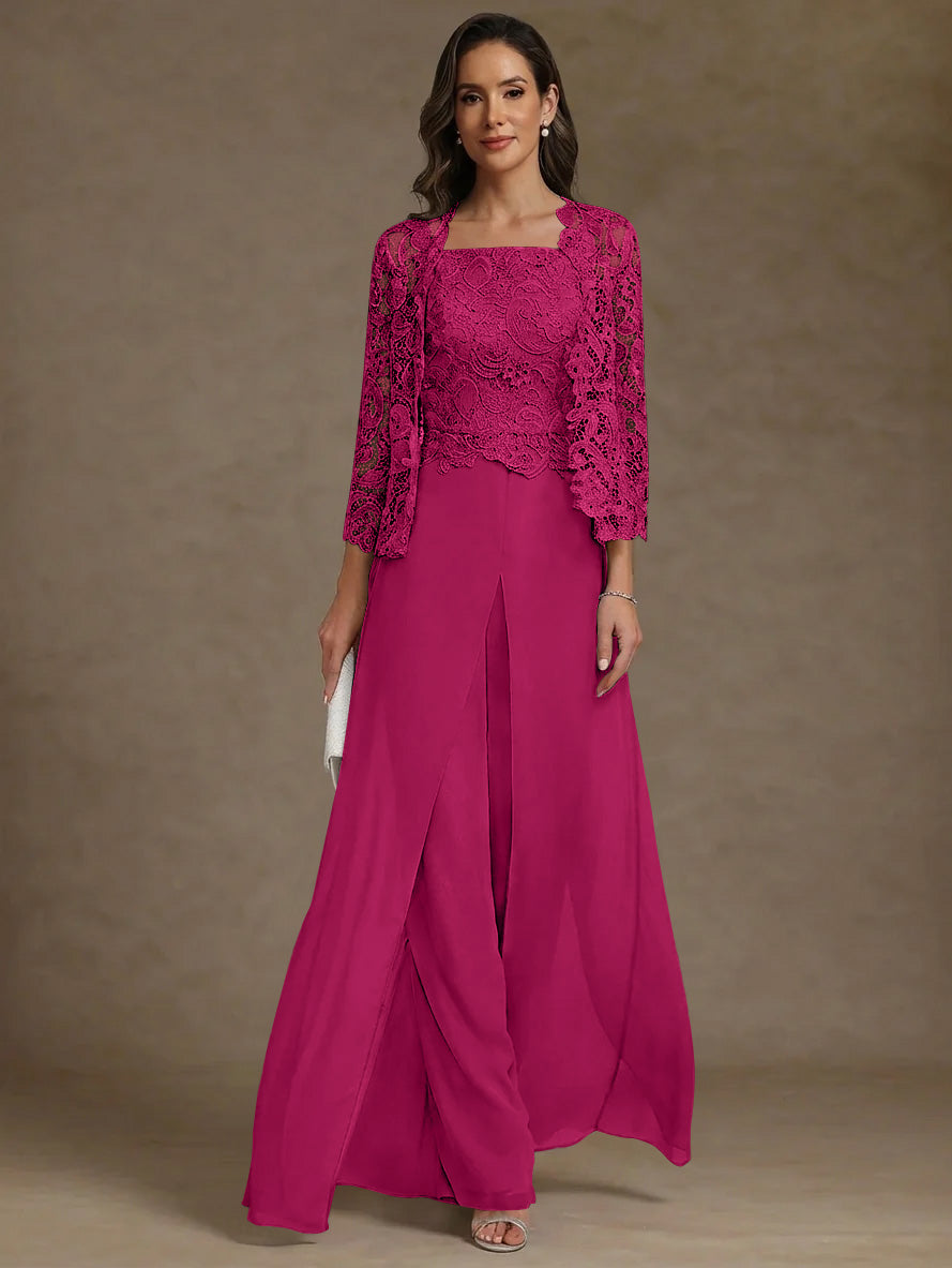 Robe Mère de la Mariée, Ligne A/Princesse, en Mousseline à Col Carré, avec Veste en Dentelle