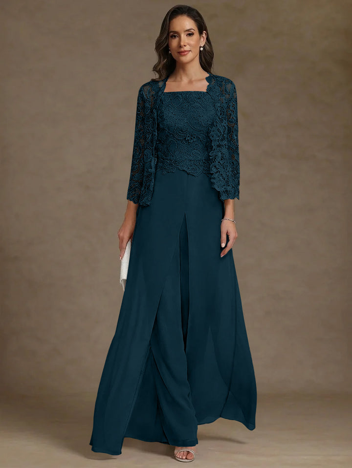Robe Mère de la Mariée, Ligne A/Princesse, en Mousseline à Col Carré, avec Veste en Dentelle