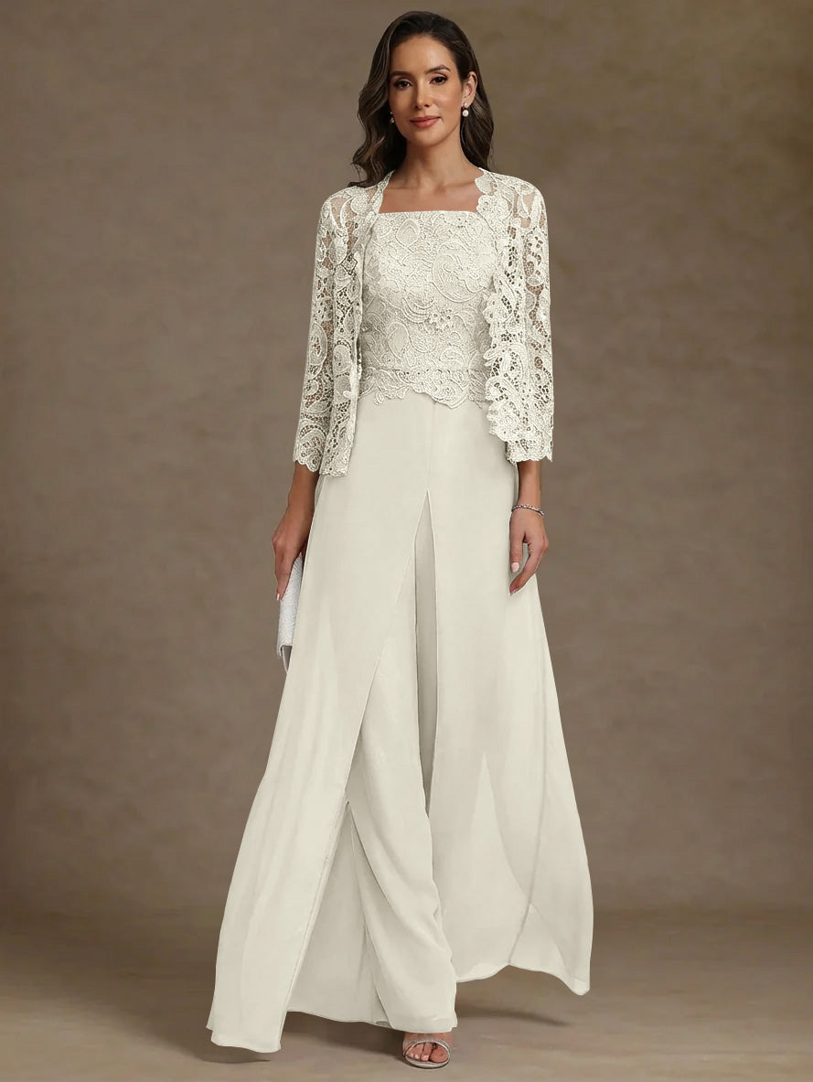 Robe Mère de la Mariée, Ligne A/Princesse, en Mousseline à Col Carré, avec Veste en Dentelle