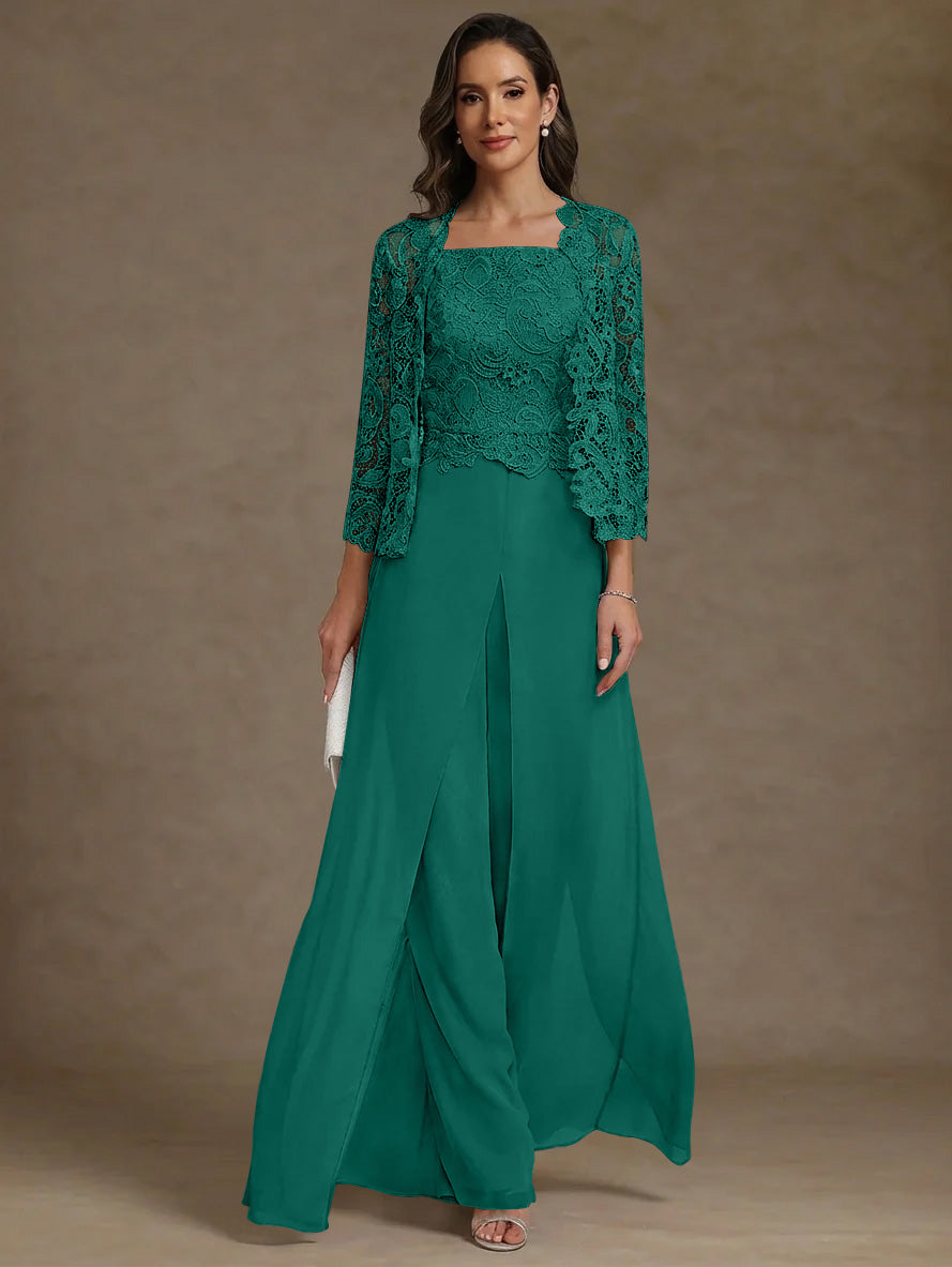 Robe Mère de la Mariée, Ligne A/Princesse, en Mousseline à Col Carré, avec Veste en Dentelle