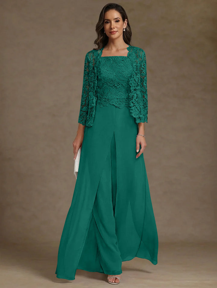 Robe Mère de la Mariée, Ligne A/Princesse, en Mousseline à Col Carré, avec Veste en Dentelle