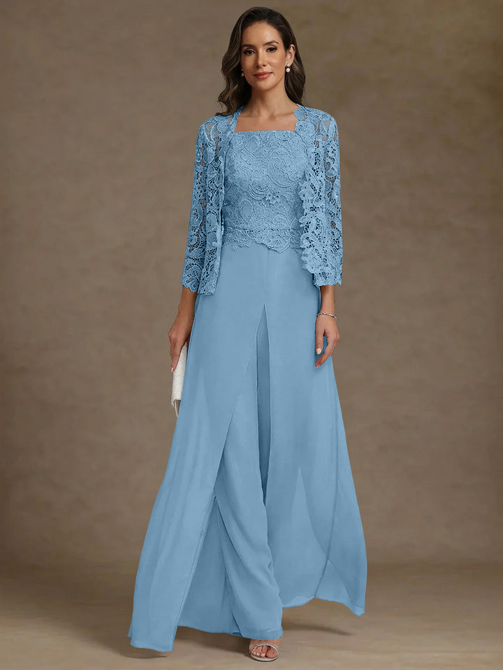 Robe Mère de la Mariée, Ligne A/Princesse, en Mousseline à Col Carré, avec Veste en Dentelle