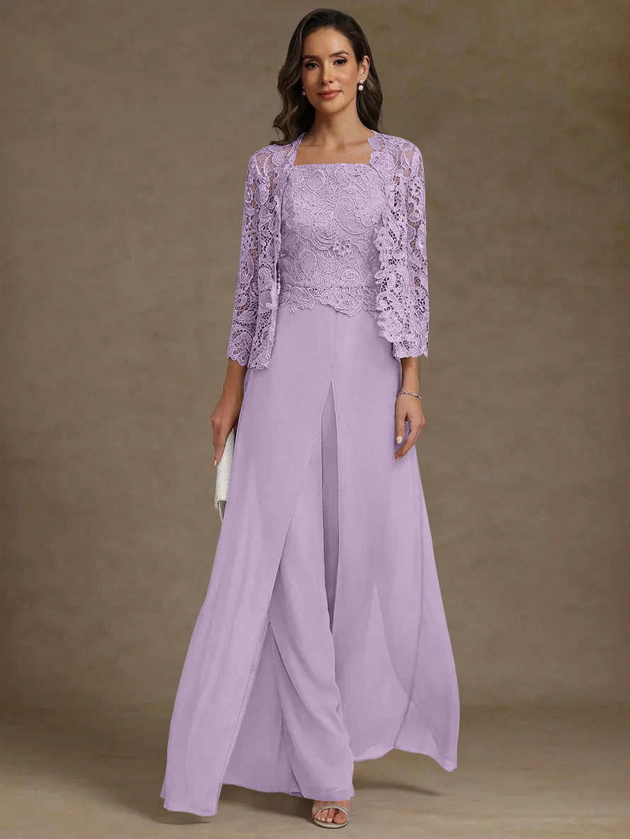 Robe Mère de la Mariée, Ligne A/Princesse, en Mousseline à Col Carré, avec Veste en Dentelle