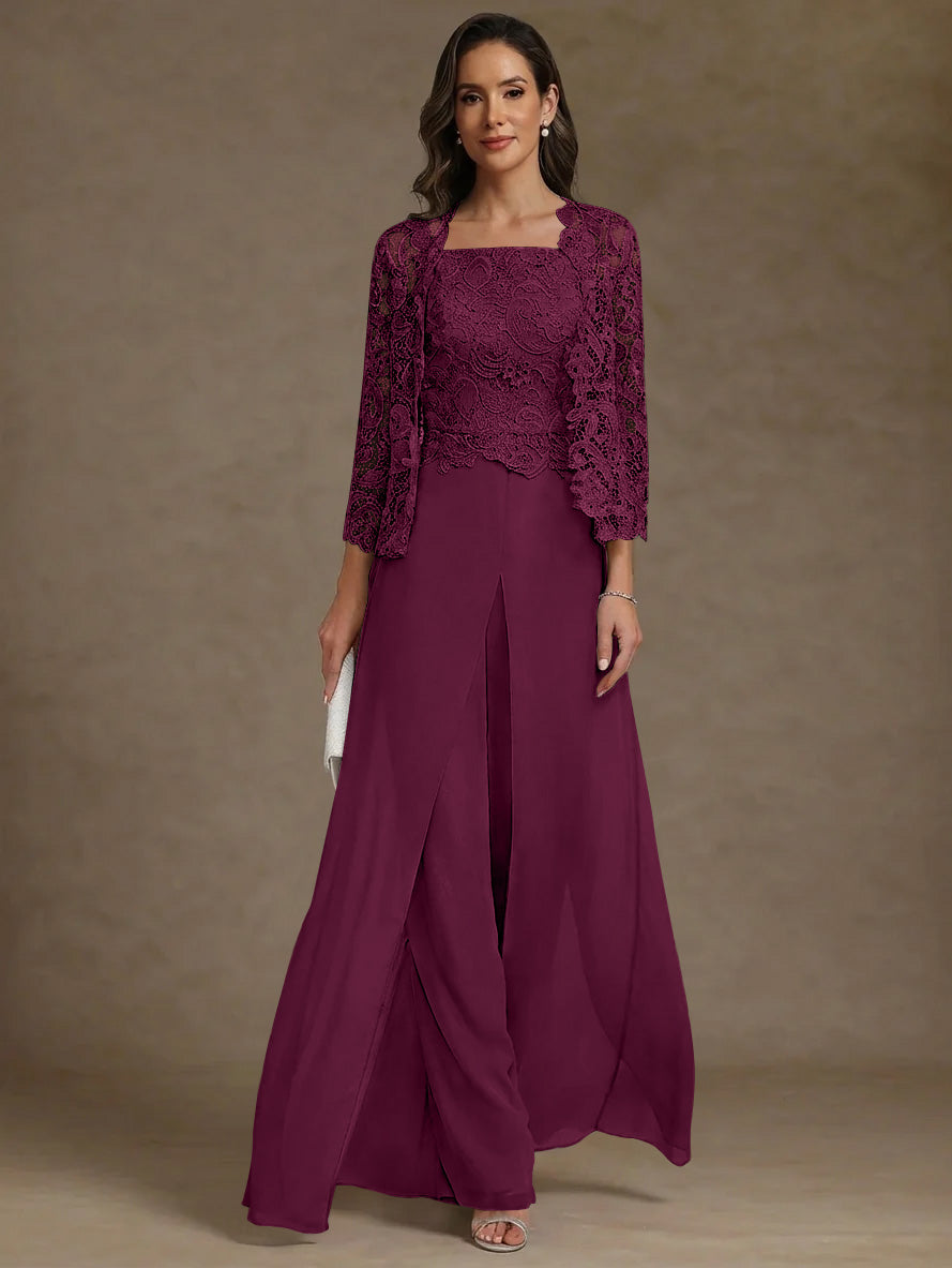 Robe Mère de la Mariée, Ligne A/Princesse, en Mousseline à Col Carré, avec Veste en Dentelle