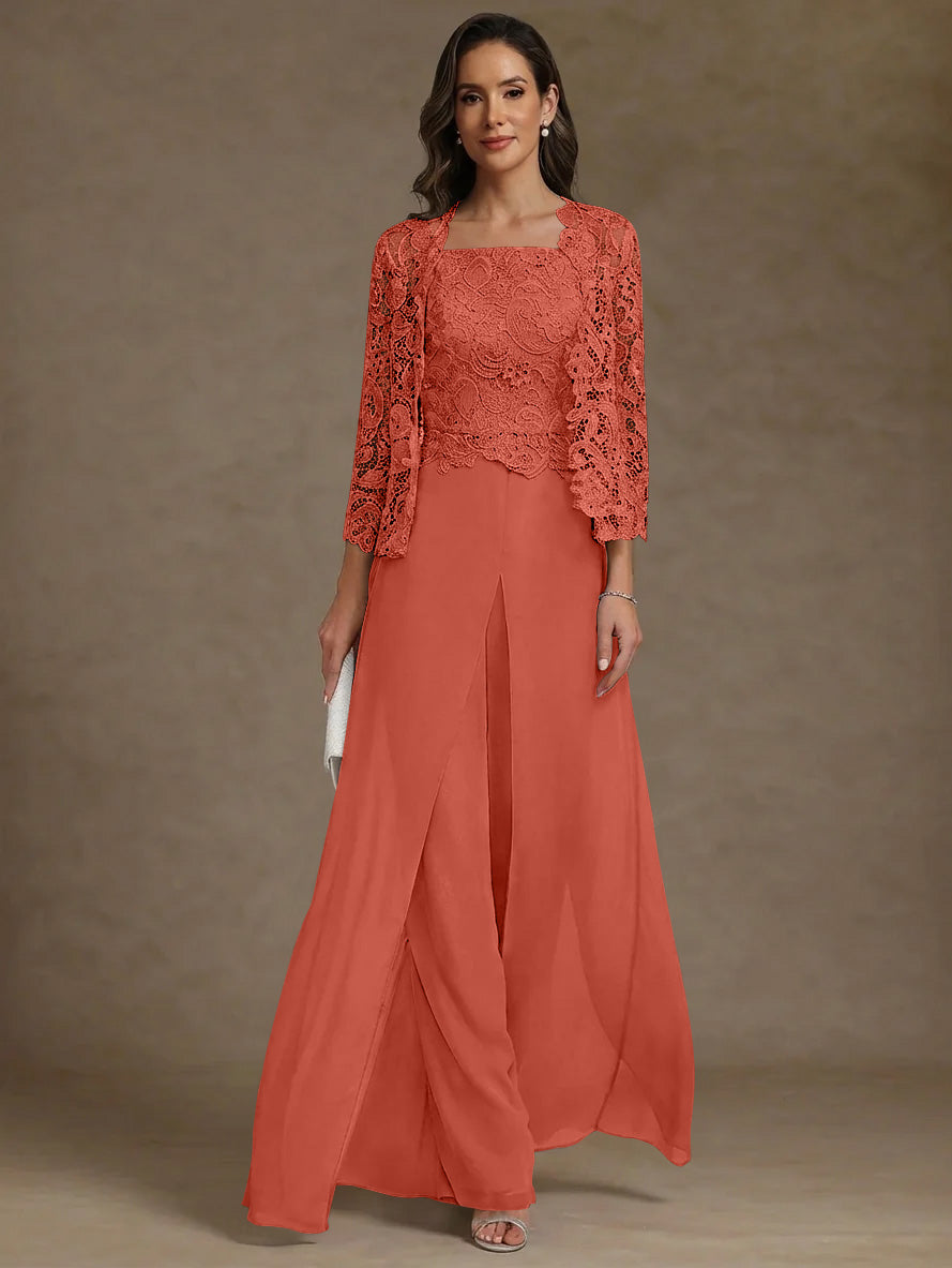 Robe Mère de la Mariée, Ligne A/Princesse, en Mousseline à Col Carré, avec Veste en Dentelle