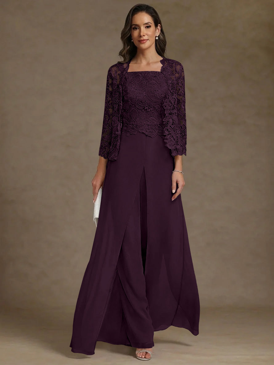 Robe Mère de la Mariée, Ligne A/Princesse, en Mousseline à Col Carré, avec Veste en Dentelle