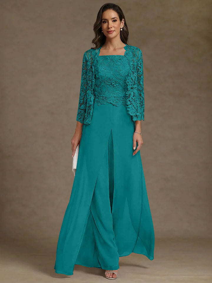 Robe Mère de la Mariée, Ligne A/Princesse, en Mousseline à Col Carré, avec Veste en Dentelle