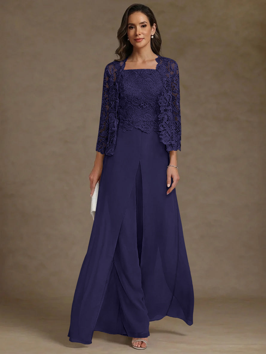 Robe Mère de la Mariée, Ligne A/Princesse, en Mousseline à Col Carré, avec Veste en Dentelle