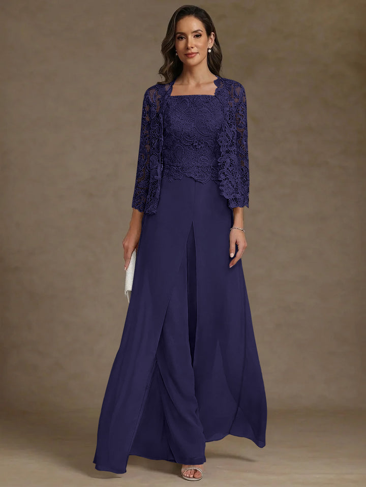 Robe Mère de la Mariée, Ligne A/Princesse, en Mousseline à Col Carré, avec Veste en Dentelle
