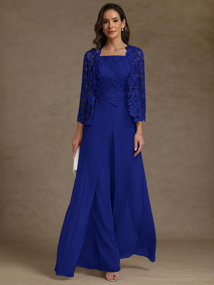 Robe Mère de la Mariée, Ligne A/Princesse, en Mousseline à Col Carré, avec Veste en Dentelle