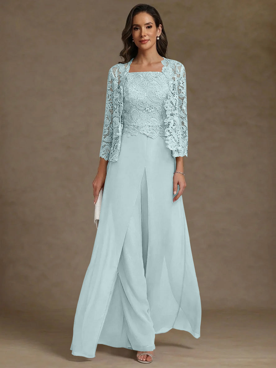 Robe Mère de la Mariée, Ligne A/Princesse, en Mousseline à Col Carré, avec Veste en Dentelle