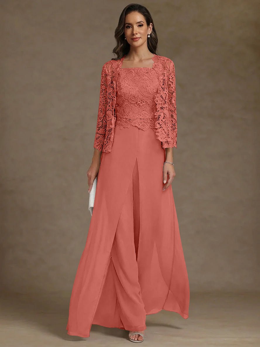 Robe Mère de la Mariée, Ligne A/Princesse, en Mousseline à Col Carré, avec Veste en Dentelle