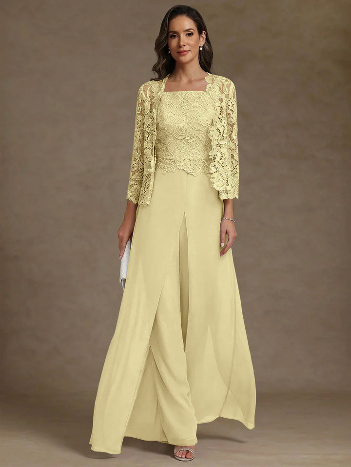 Robe Mère de la Mariée, Ligne A/Princesse, en Mousseline à Col Carré, avec Veste en Dentelle