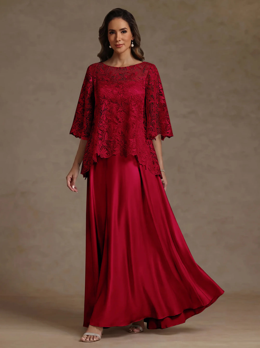 Ensemble 2 pièces mère de la mariée satin soie ligne A, col rond, manches courtes, longueur sol, dentelle