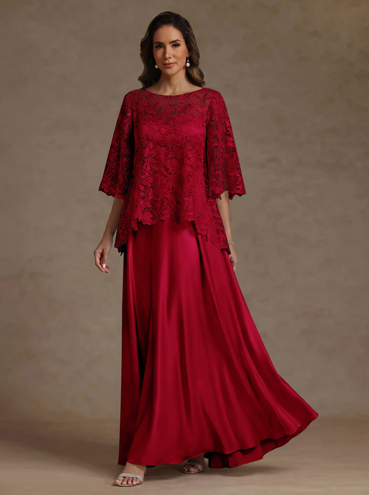 Ensemble 2 pièces mère de la mariée satin soie ligne A, col rond, manches courtes, longueur sol, dentelle