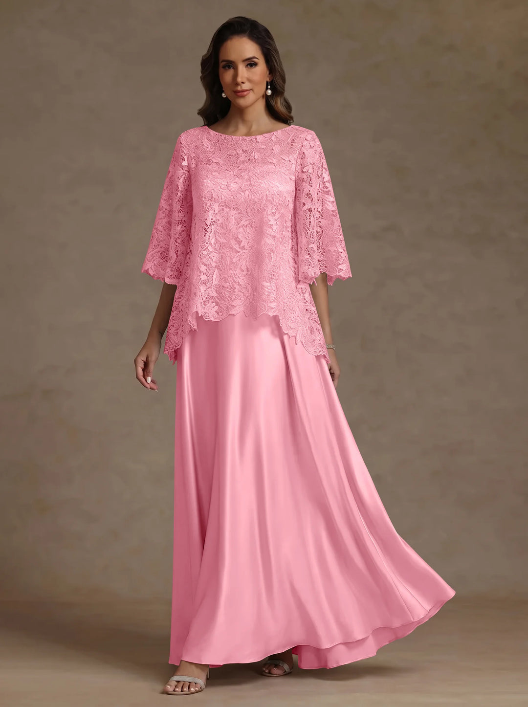 Ensemble 2 pièces mère de la mariée satin soie ligne A, col rond, manches courtes, longueur sol, dentelle