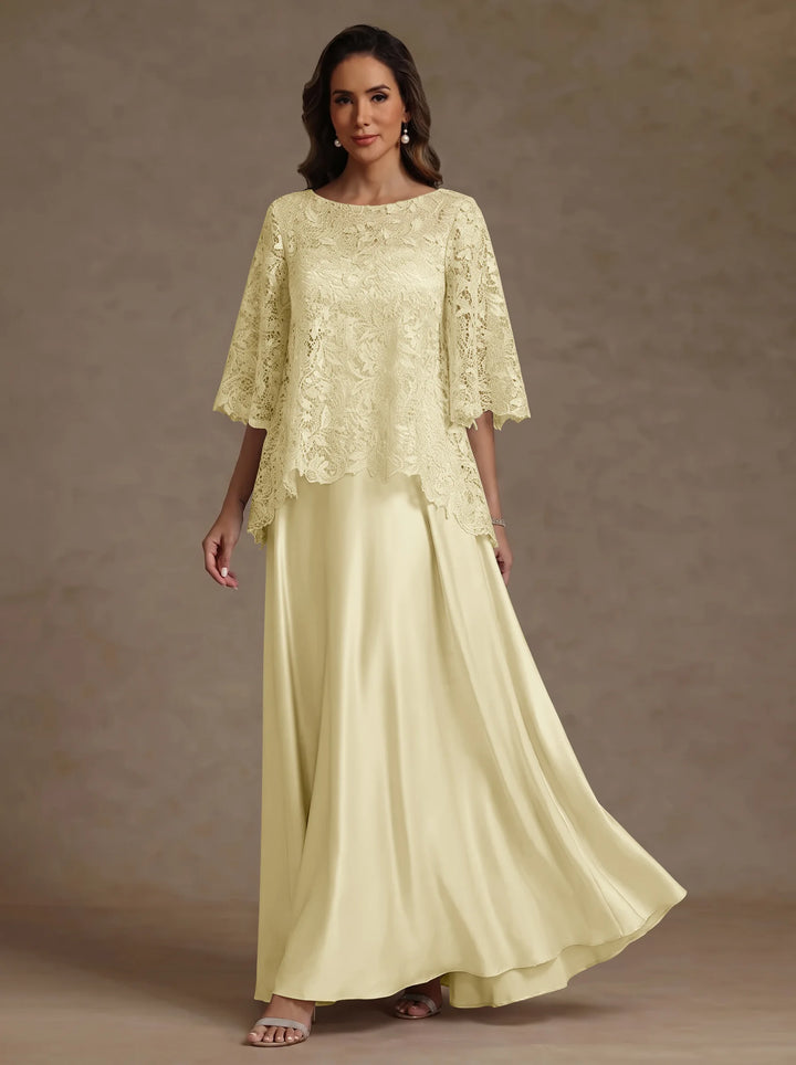 Ensemble 2 pièces mère de la mariée satin soie ligne A, col rond, manches courtes, longueur sol, dentelle