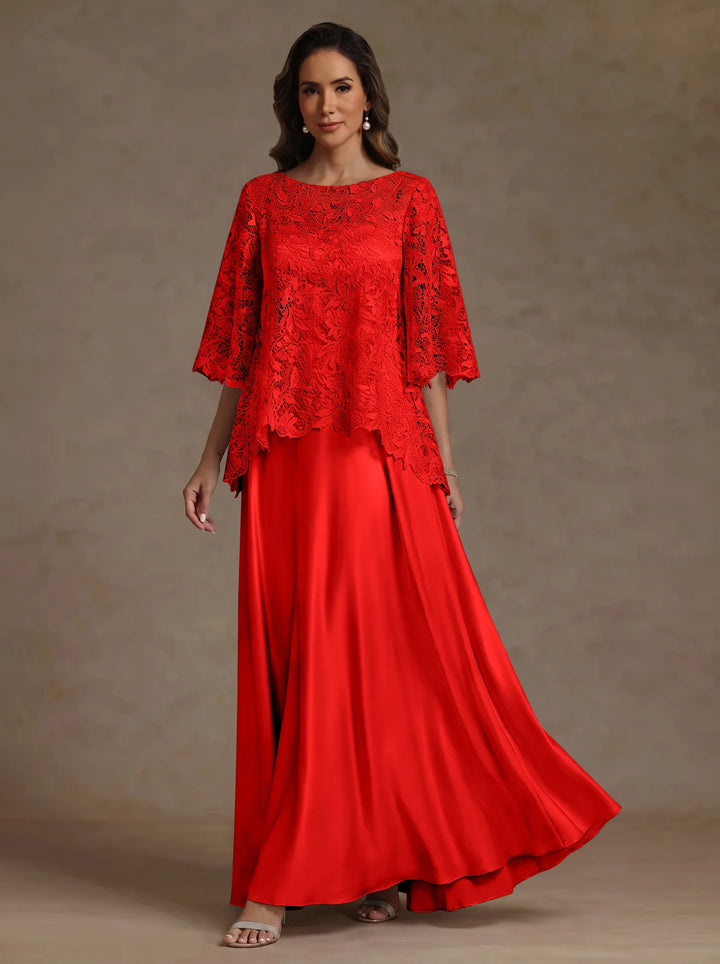 Ensemble 2 pièces mère de la mariée satin soie ligne A, col rond, manches courtes, longueur sol, dentelle