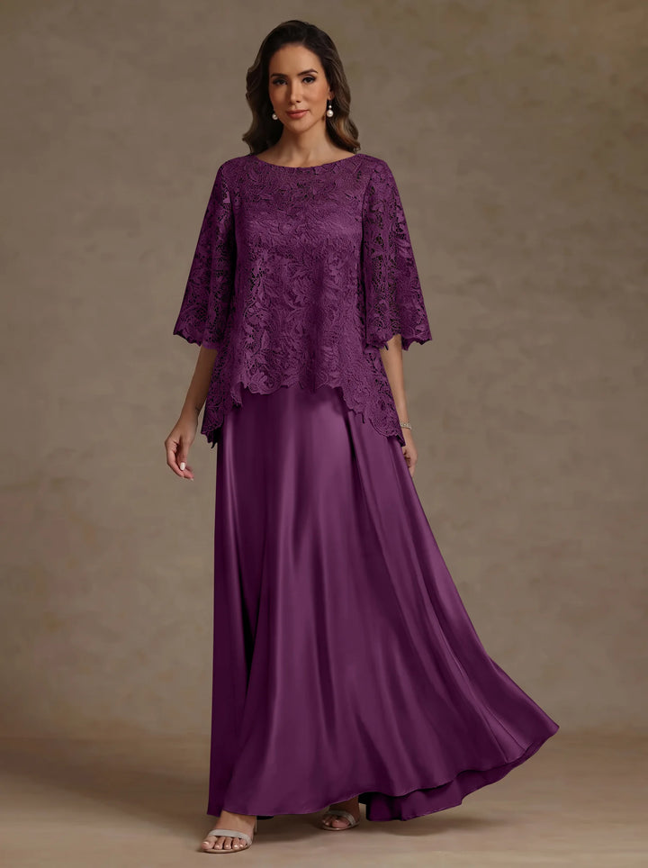 Ensemble 2 pièces mère de la mariée satin soie ligne A, col rond, manches courtes, longueur sol, dentelle