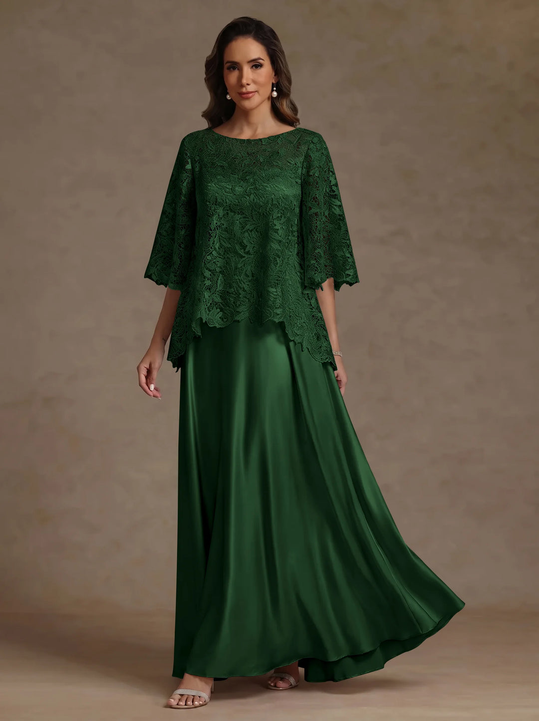 Ensemble 2 pièces mère de la mariée satin soie ligne A, col rond, manches courtes, longueur sol, dentelle