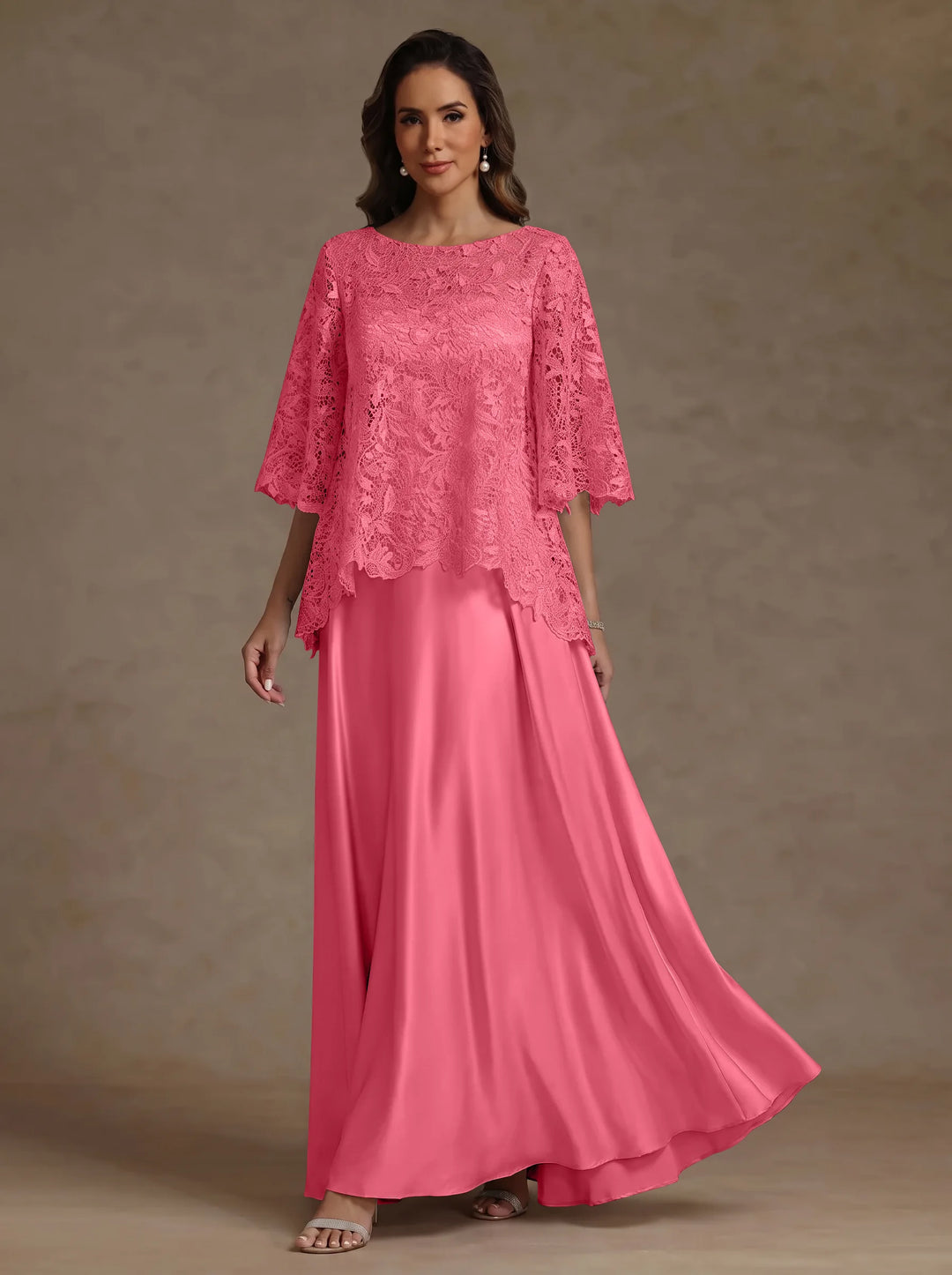 Ensemble 2 pièces mère de la mariée satin soie ligne A, col rond, manches courtes, longueur sol, dentelle
