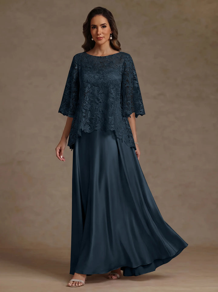 Ensemble 2 pièces mère de la mariée satin soie ligne A, col rond, manches courtes, longueur sol, dentelle