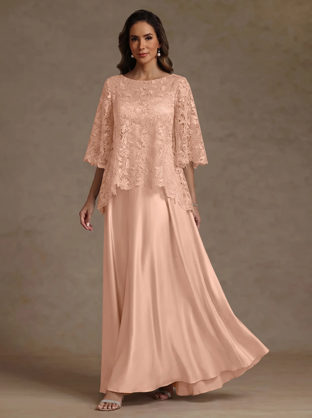 Ensemble 2 pièces mère de la mariée satin soie ligne A, col rond, manches courtes, longueur sol, dentelle