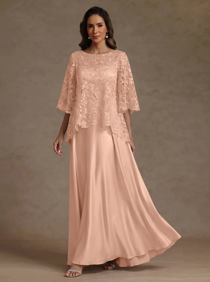 Ensemble 2 pièces mère de la mariée satin soie ligne A, col rond, manches courtes, longueur sol, dentelle