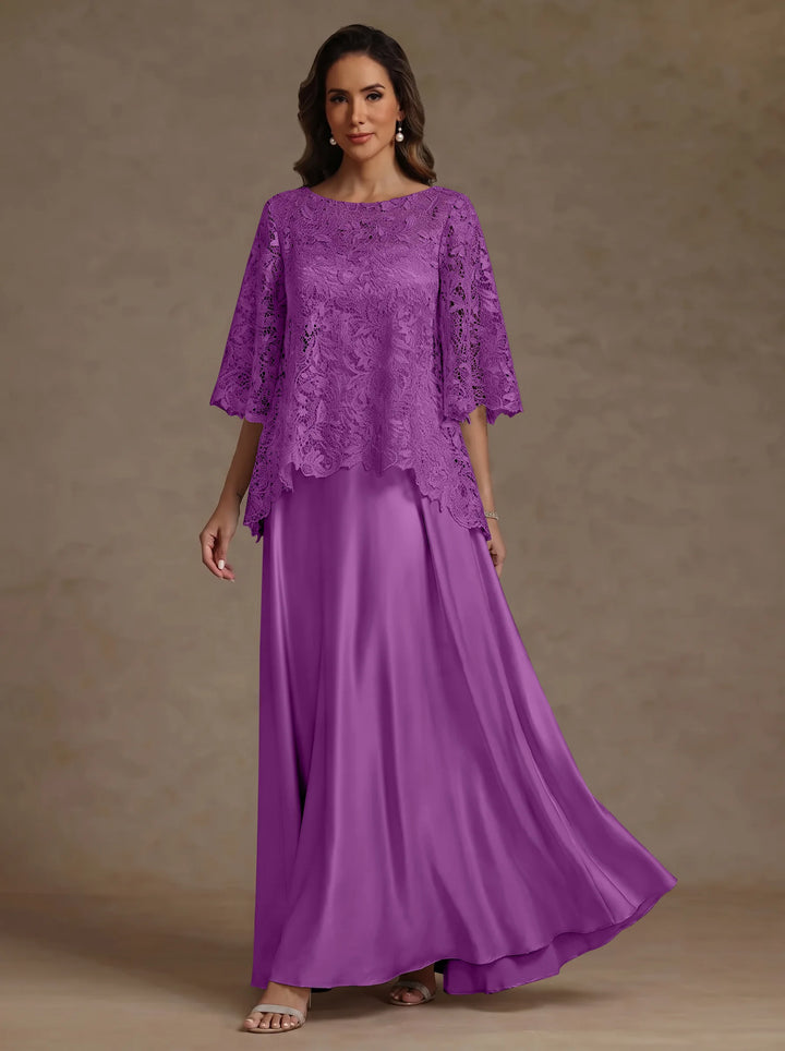 Ensemble 2 pièces mère de la mariée satin soie ligne A, col rond, manches courtes, longueur sol, dentelle