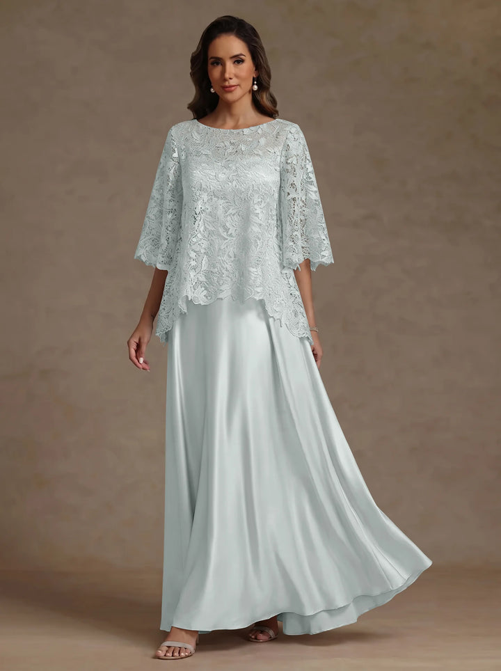 Ensemble 2 pièces mère de la mariée satin soie ligne A, col rond, manches courtes, longueur sol, dentelle
