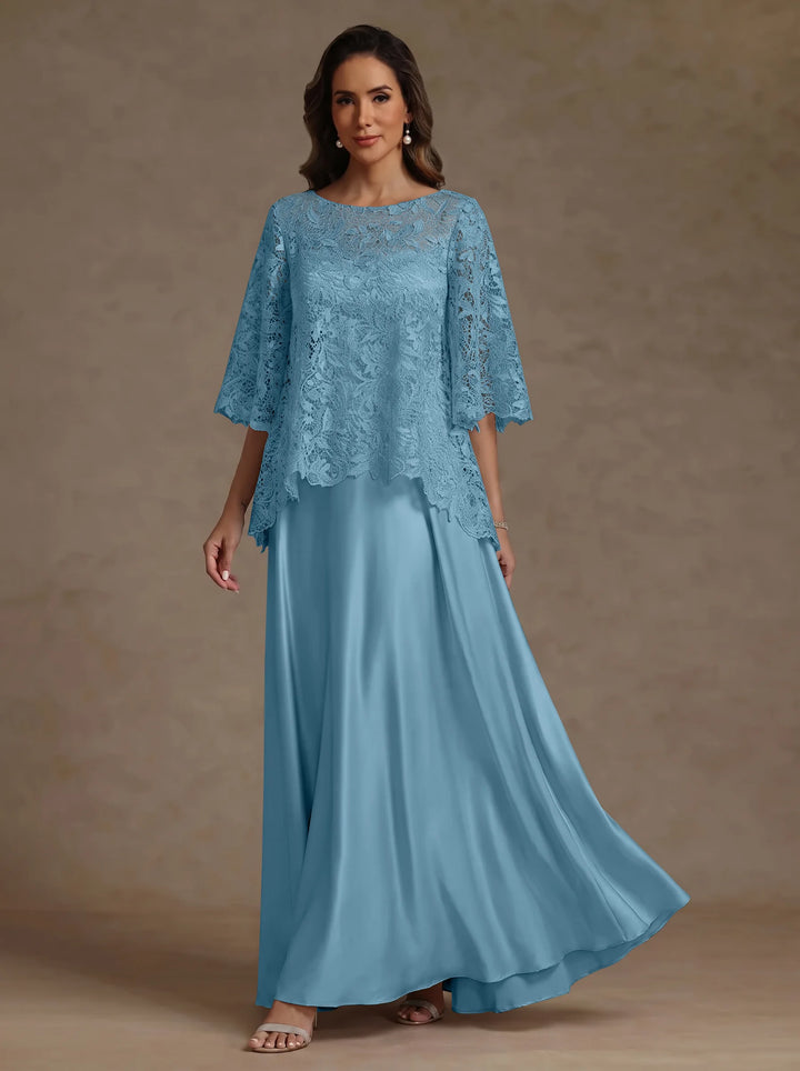 Ensemble 2 pièces mère de la mariée satin soie ligne A, col rond, manches courtes, longueur sol, dentelle