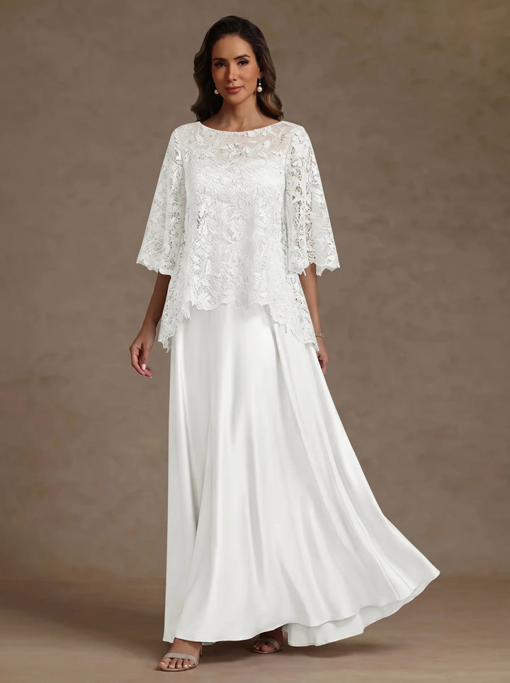Ensemble 2 pièces mère de la mariée satin soie ligne A, col rond, manches courtes, longueur sol, dentelle