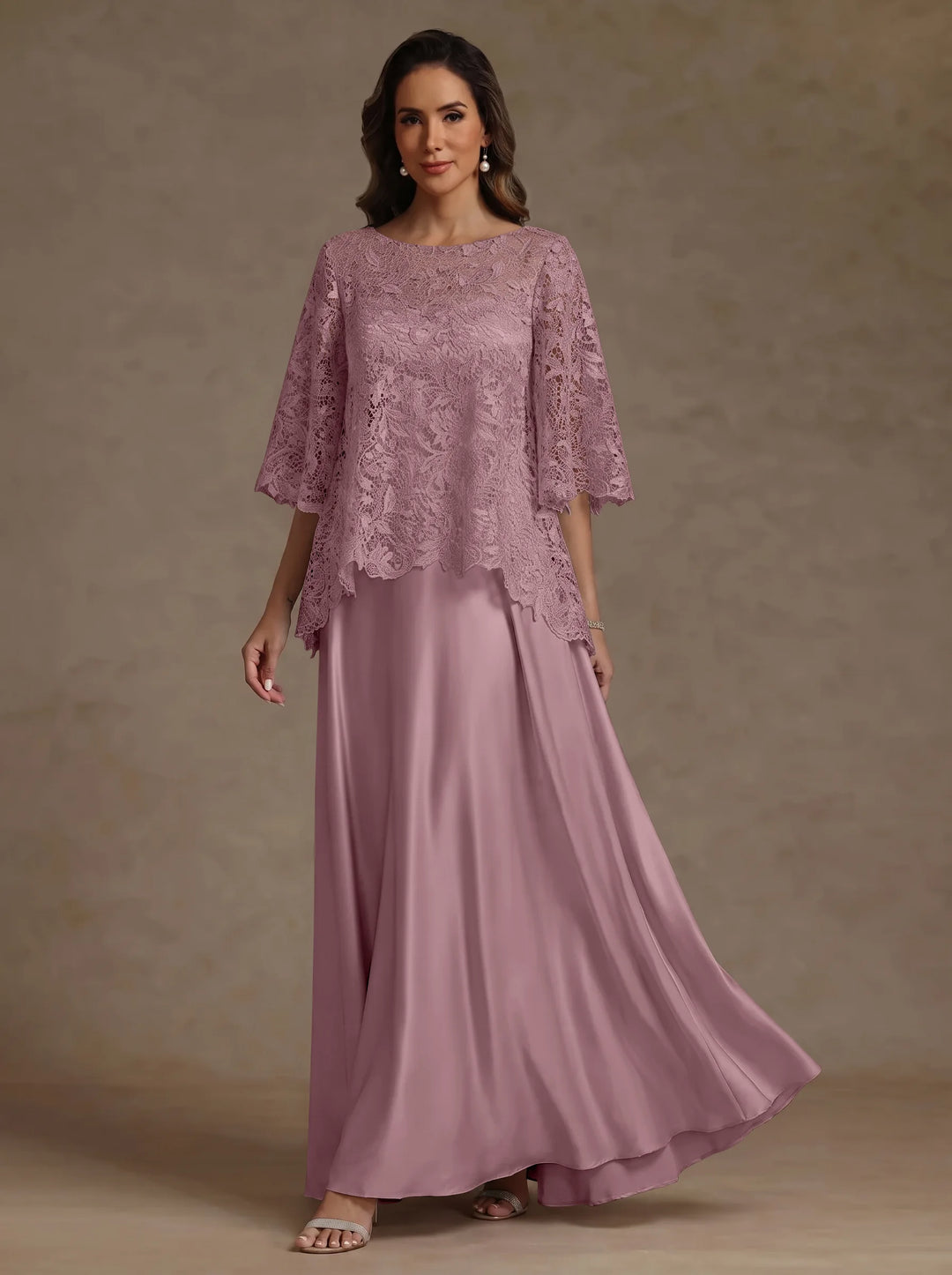 Ensemble 2 pièces mère de la mariée satin soie ligne A, col rond, manches courtes, longueur sol, dentelle