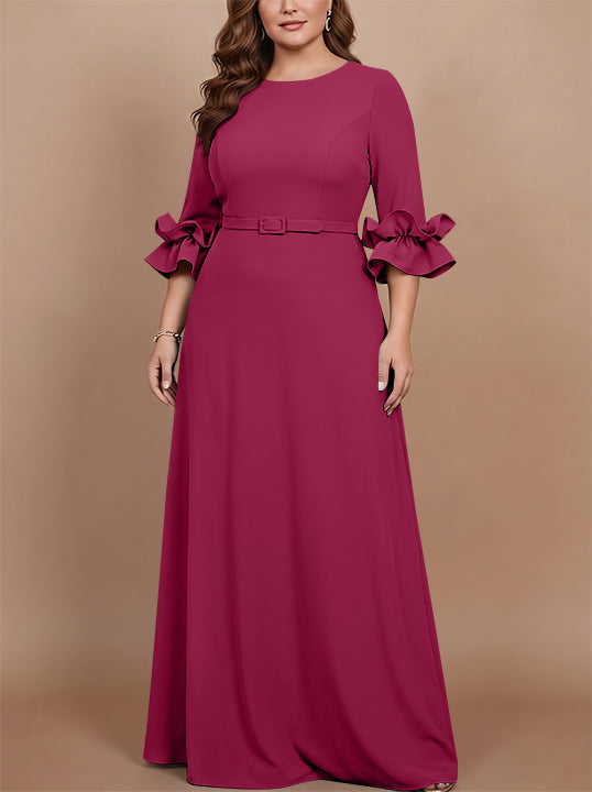 Robe mère de la mariée taille plus ligne A, satin stretch col rond, manches 3/4, longueur sol, volants