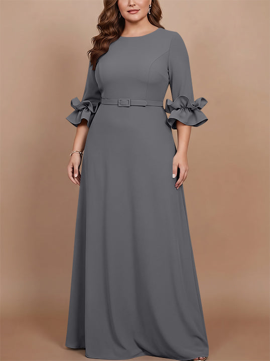 Robe mère de la mariée taille plus ligne A, satin stretch col rond, manches 3/4, longueur sol, volants