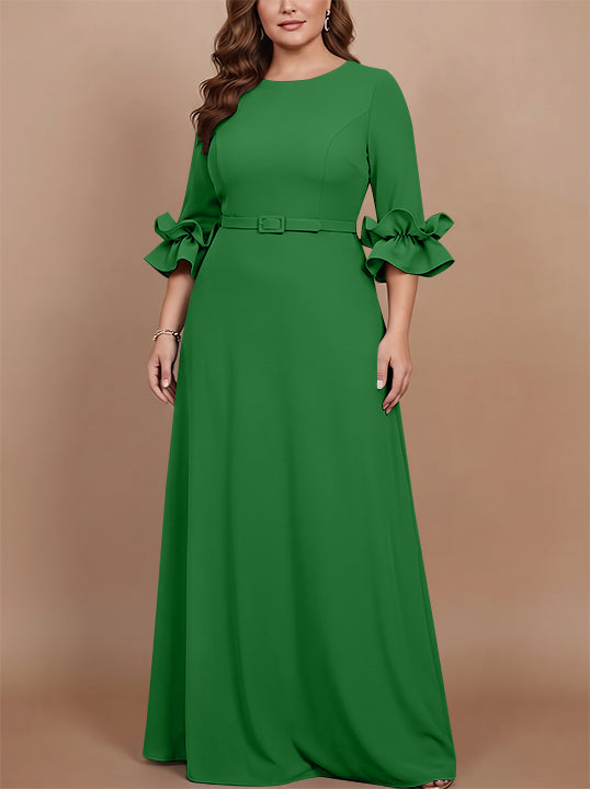 Robe mère de la mariée taille plus ligne A, satin stretch col rond, manches 3/4, longueur sol, volants