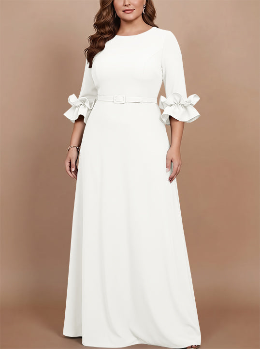 Robe mère de la mariée taille plus ligne A, satin stretch col rond, manches 3/4, longueur sol, volants